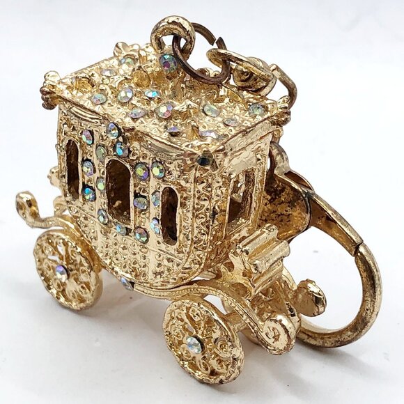 Sparkly rhinestone gold tone stage coach keychain purse charm - Picture 2 of 11